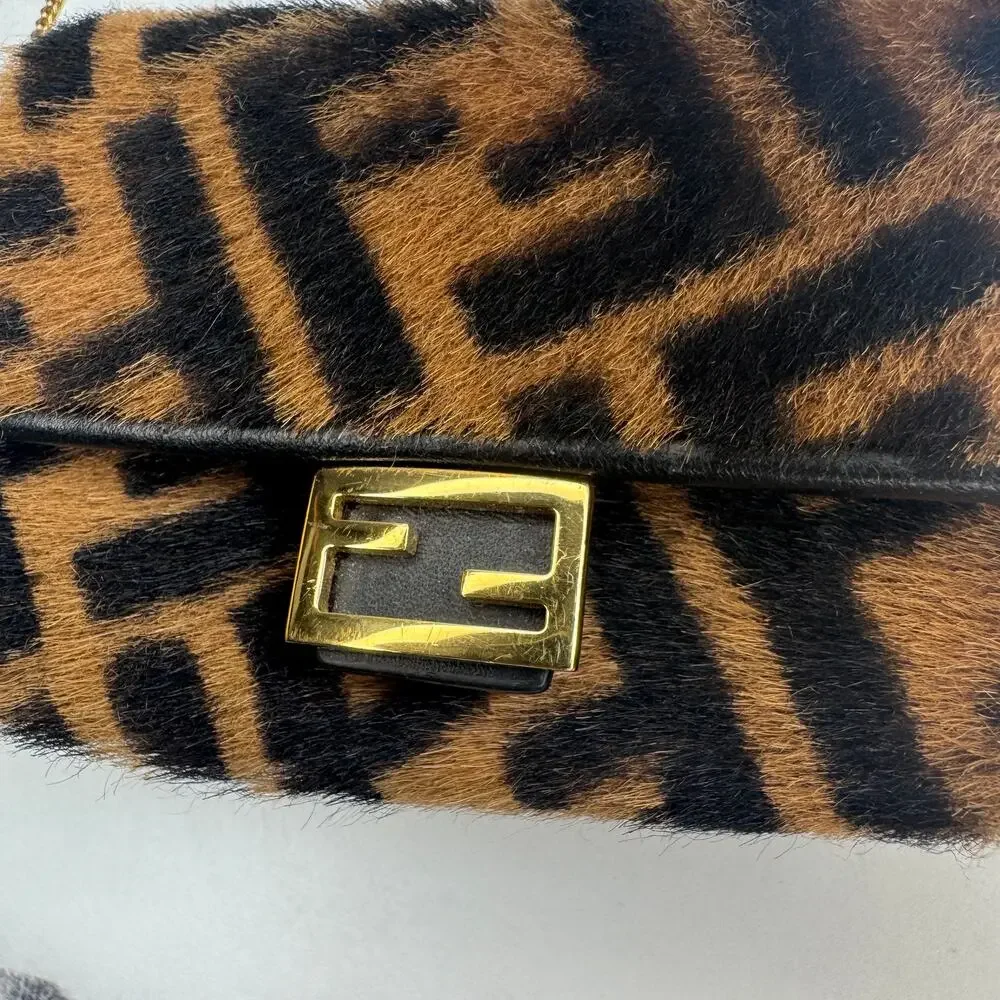 Fendi Zucca Shearling Baguette Charm Nano FF 2022 Crossbody Mini Bag Gold Chain - Picture 5 of 14